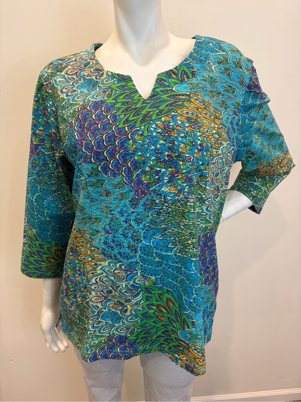 NORTHSTYLE Blue Green Purple Feather Print Long Sleeve Tee Cotton Shirt